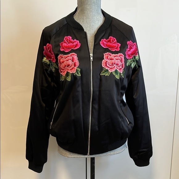 Endless Rose Jackets & Blazers - ENDLESS ROSE Floral Embroidered Satiny Bomber Varsity Statement Jacket, Size M